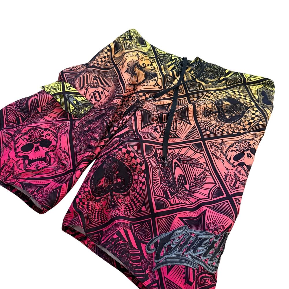 O’Neill Psycho Freak Y2K Skull Playing Card Board Shorts Pink Yellow Size 34